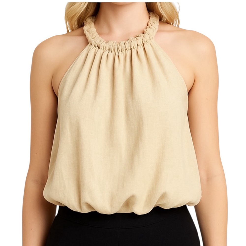 Beige Gathered Neck Puff Top